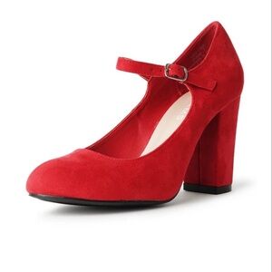 Red Suede Mary Jane Block Heel with Ankle Strap